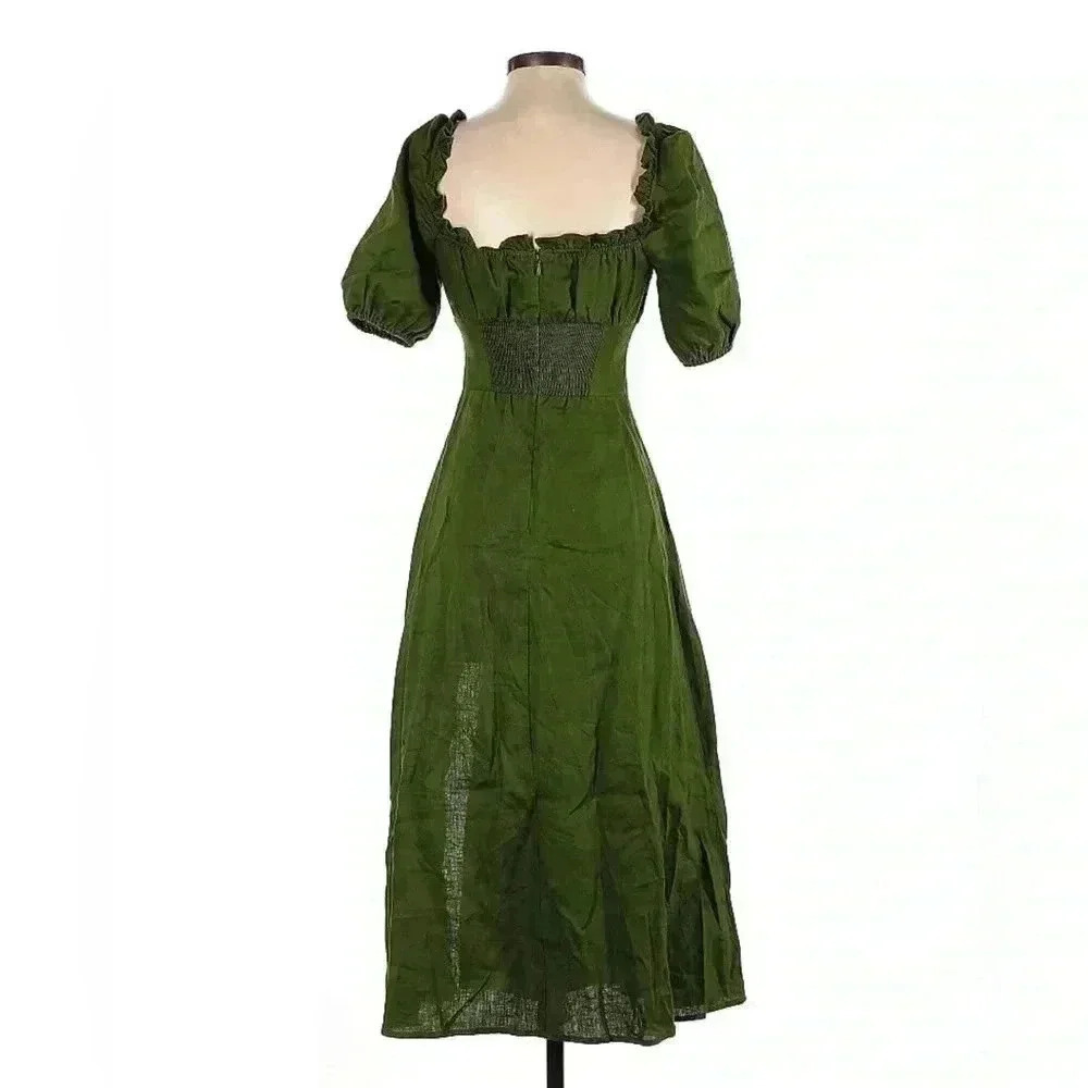 Reformation Jacqueline Linen Midi Dress 0 XS Puff Sleeve Square Neck Ruched Moss - Picture 10 of 10